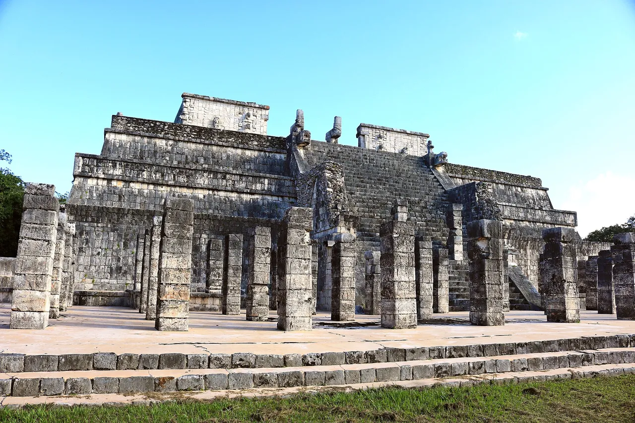 Temple of the Warriors at Chichen Itza with rows of stone columns in front